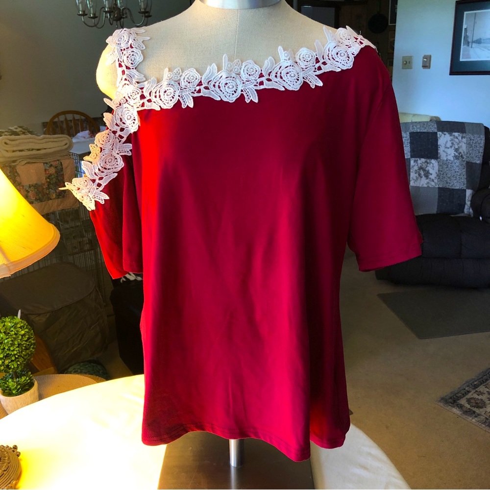SHEIN Curve, Plus Size, Floral Lace Panel, Asymmetrical Neck, Maroon Tee